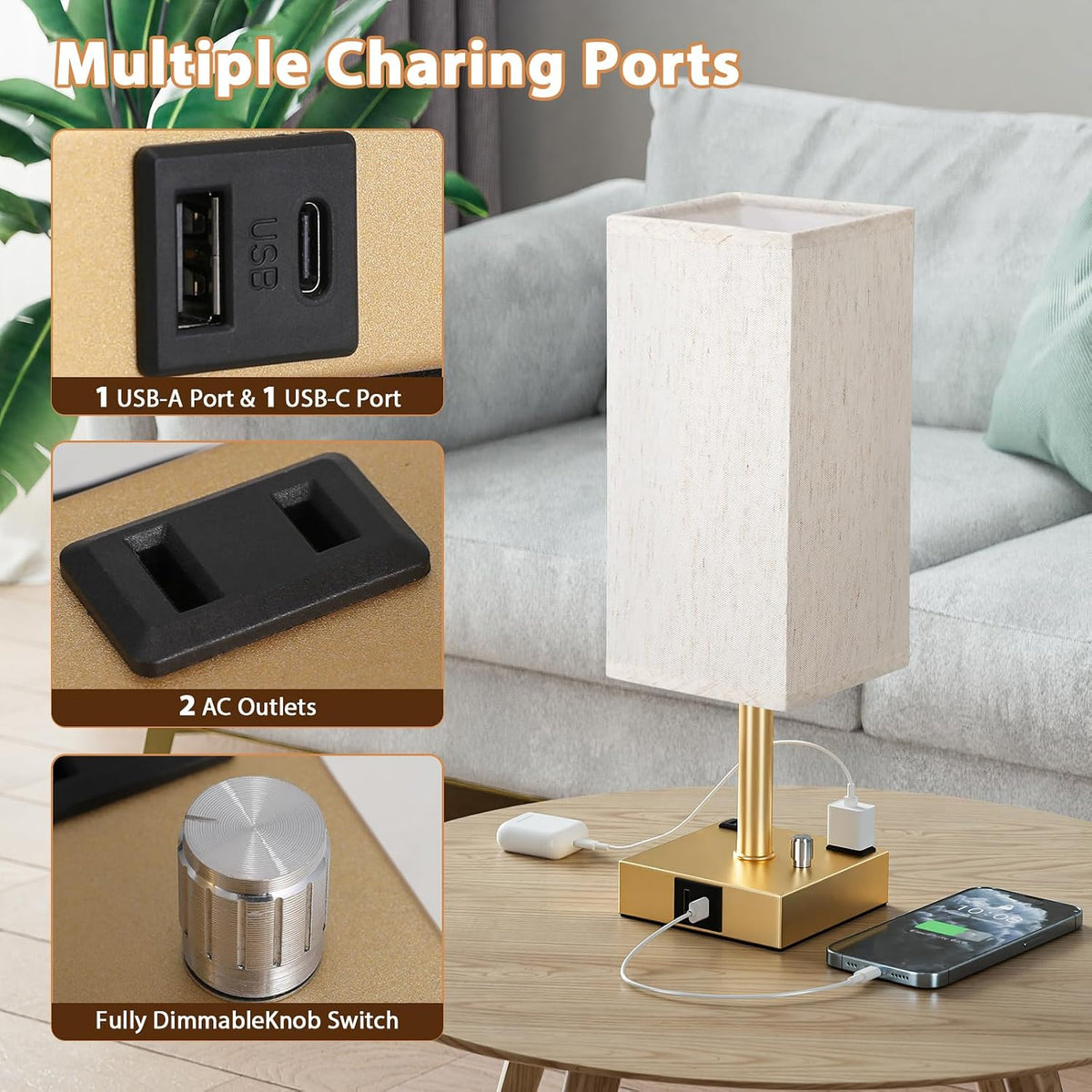 Gold Bedside Table Lamps Set of 2 - Dimmable, USB C+A, 2 AC Outlets