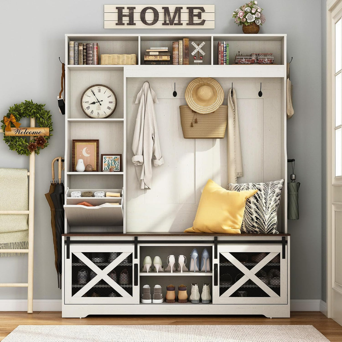 75''H 59''W Large LED Farmhouse Hall Tree with Bench and Shoe...