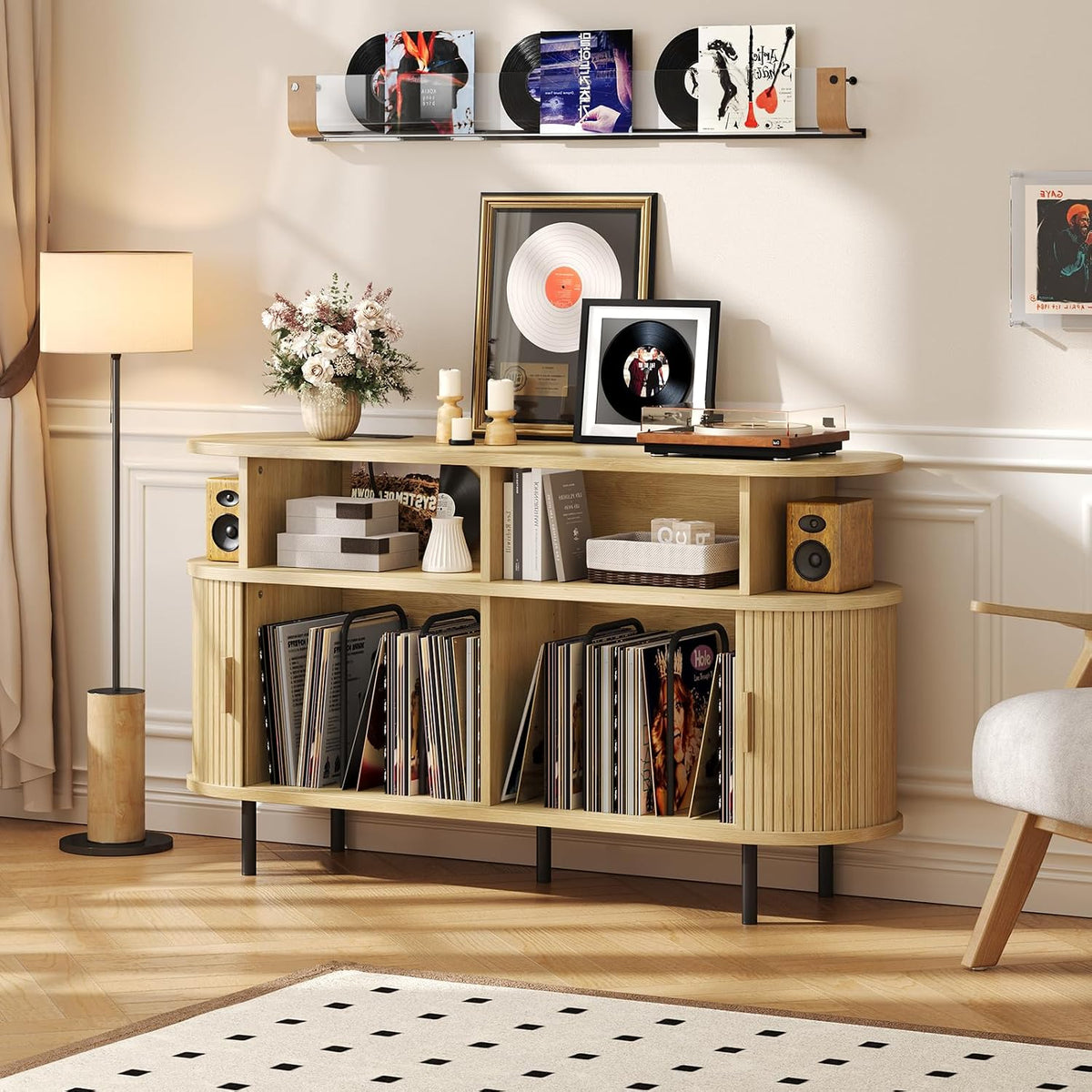 ONBRILL 55" Large Round Record Player Stand with Charging Station,Oak