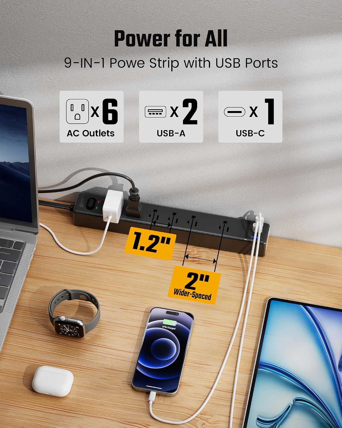 20Ft Long Extension Cord, SUPERDANNY Flat Plug Surge Protector Power Strip