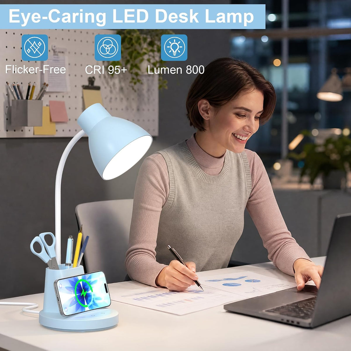 10W Wireless Charging LED Desk Lamp with Pen Holder, CRI 95, Blue