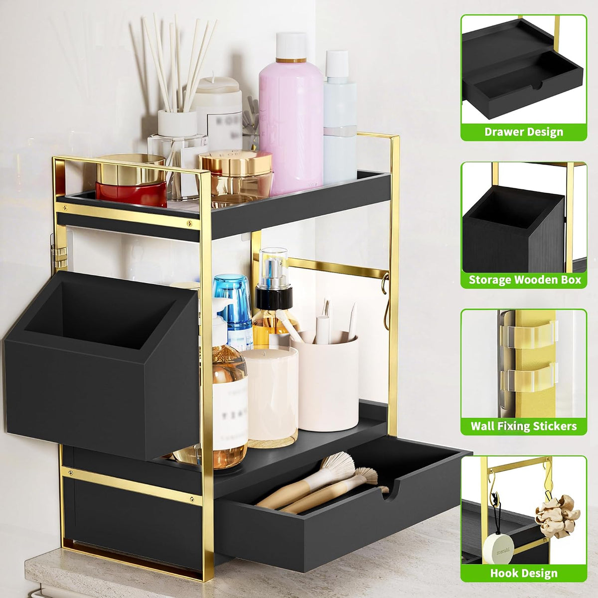 2-Tier Bathroom Counter Organizer, Wooden Vanity Shelf with Drawer & Basket