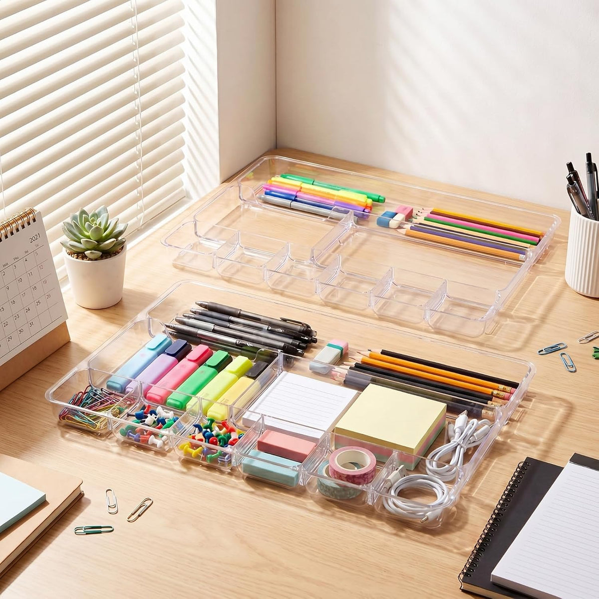 Junkin 4 Pcs Desk Drawer Organizer Tray 14" x 9" x 1",Clear