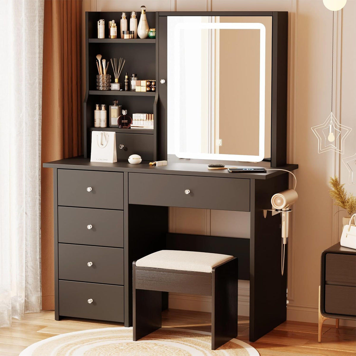 Vanity Desk with Mirror and LED Lights, Makeup Vanity Set with Power Outlet, ...