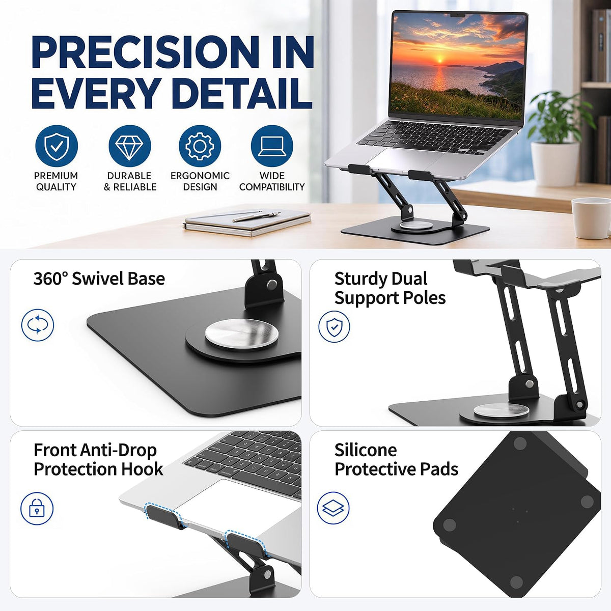 SOUNDANCE 360 Rotating Laptop Stand, Adjustable Riser,10-17", Black