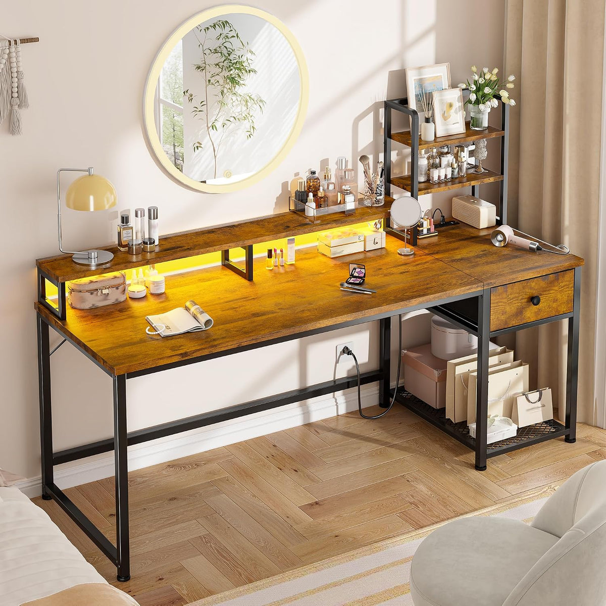 EnHomee 55" Reversible Computer Desk, Hutch, USB & LED, Rustic Brown