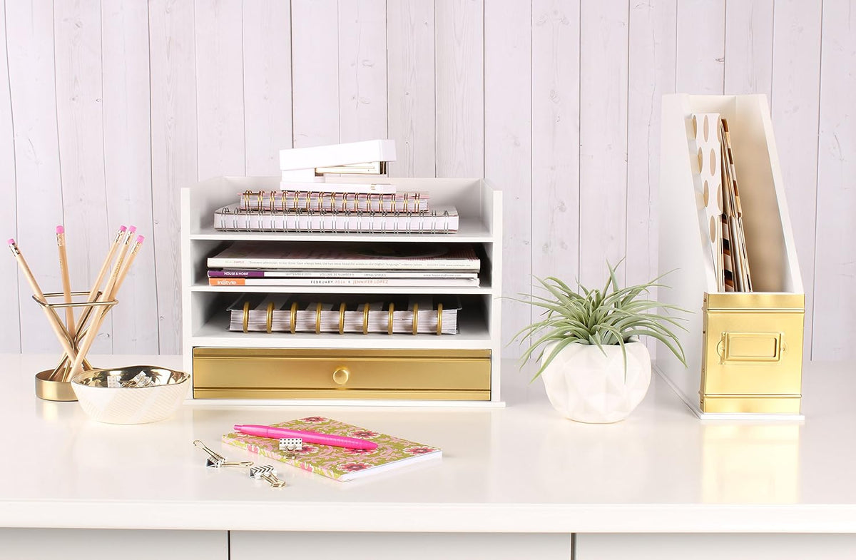 Kate and Laurel Industrious Desktop Wood Letter Tray with 3 Trays and Drawer,...