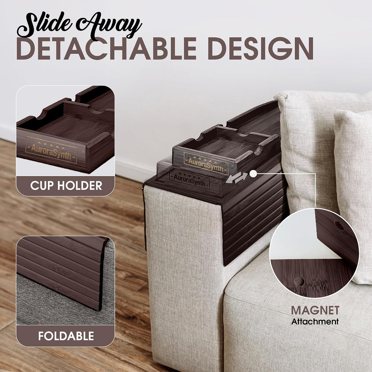 Couch Cup Holder, 2 Cork Coasters, Anti-Slip Foldable Couch Arm Tray Walnut
