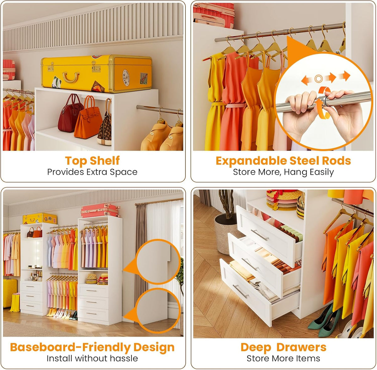 Closet System with 2 Sets, 4FT-15FT Closet Organizer System with 6 Drawers &a...