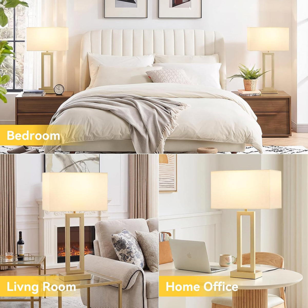 26" Tall Touch Lamps for Nightstand with USB C+A, 3 Way Dimmable Gold Lamp