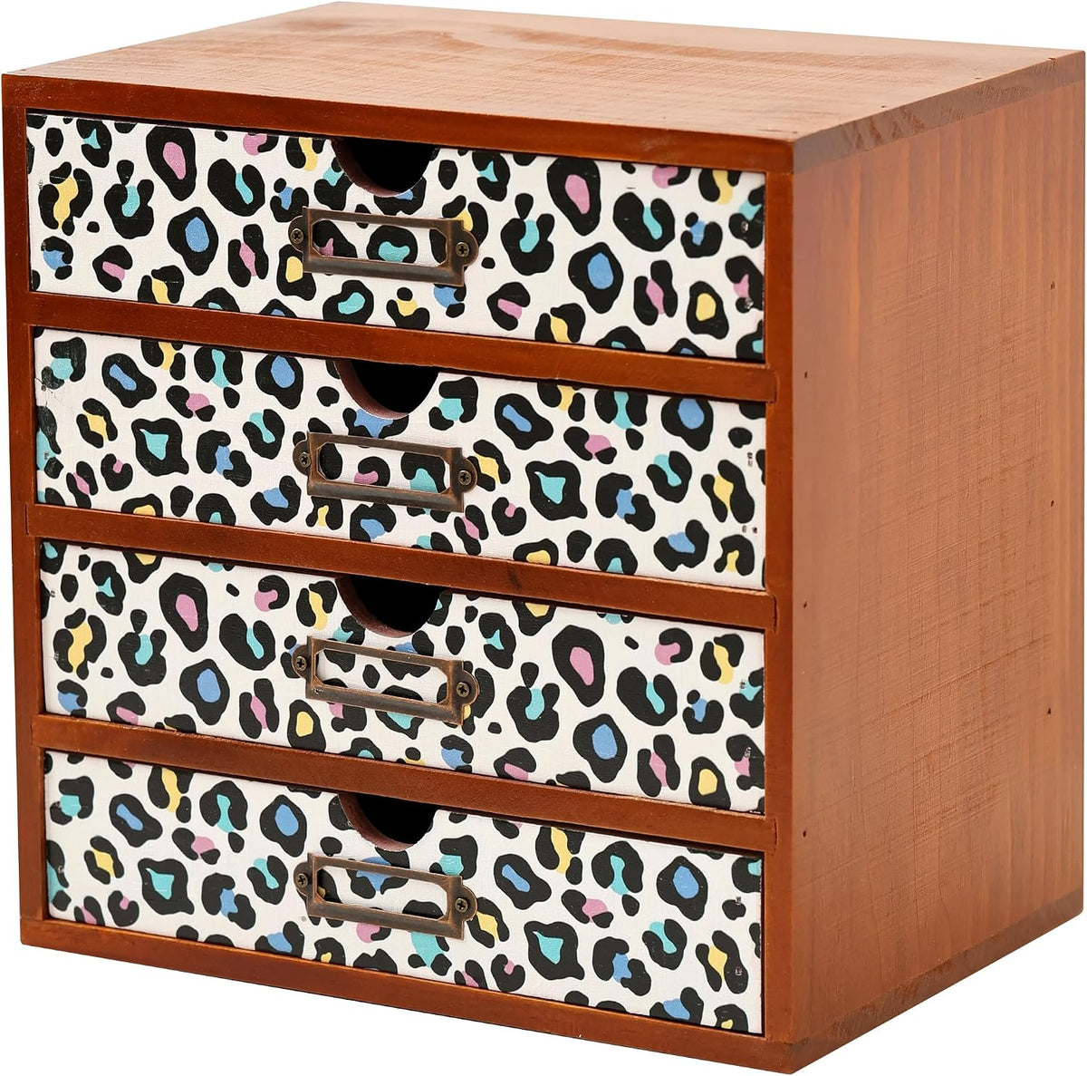 Colorful Leopard Print Wooden Desk Organizer - 4-Drawer Desktop Storage Cabin...