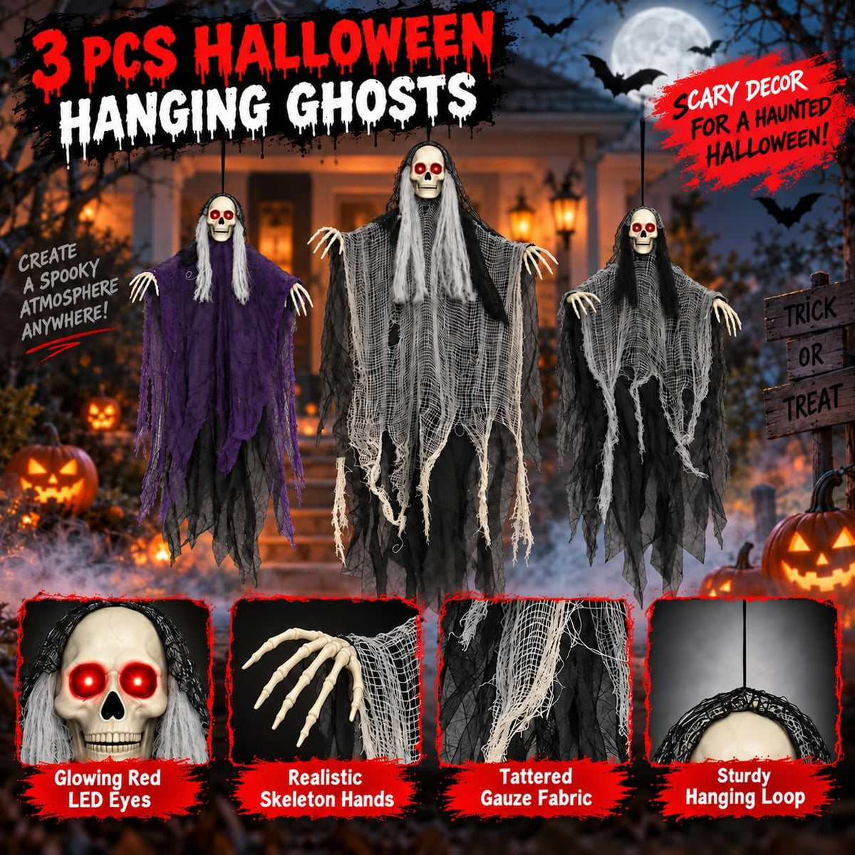 Halloween Decorations Outdoor, 3 Pack Glowing Eyes Hanging Skeleton Ghosts