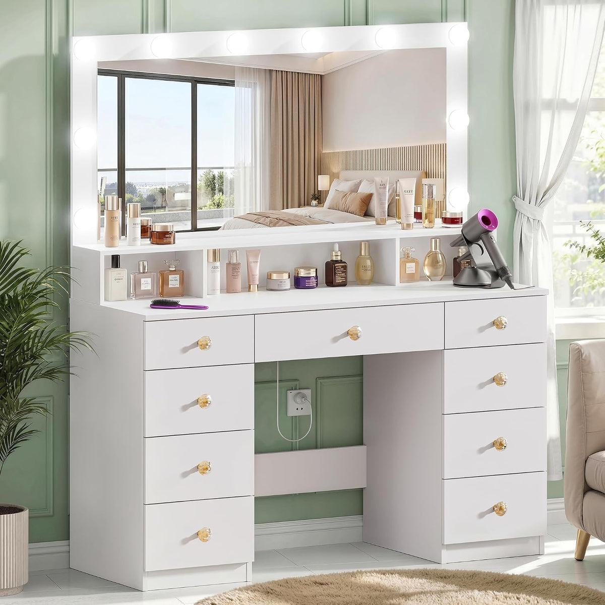 Vanity Desk with Mirror and Lights, Makeup Vanity Table with Power Outlet, 9 ...