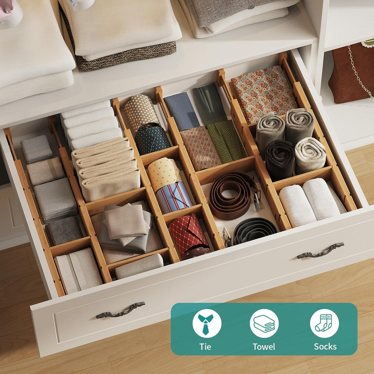 8 Pack Kitchen Drawer Dividers with Inserts, Bamboo Adjustable Drawer Organiz...