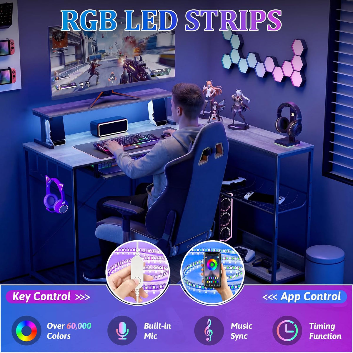 L Shaped Gaming Desk with Power Outlets & RGB LED Lights, 46" Corner...