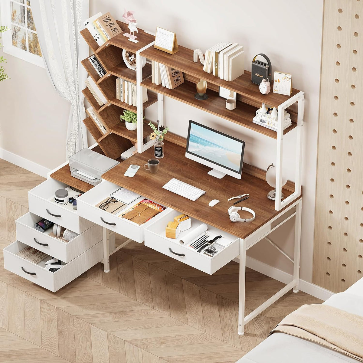 YOMILUVE 52" Computer Desk with Bookshelf, 5 Drawers & Hutch for Bedroom