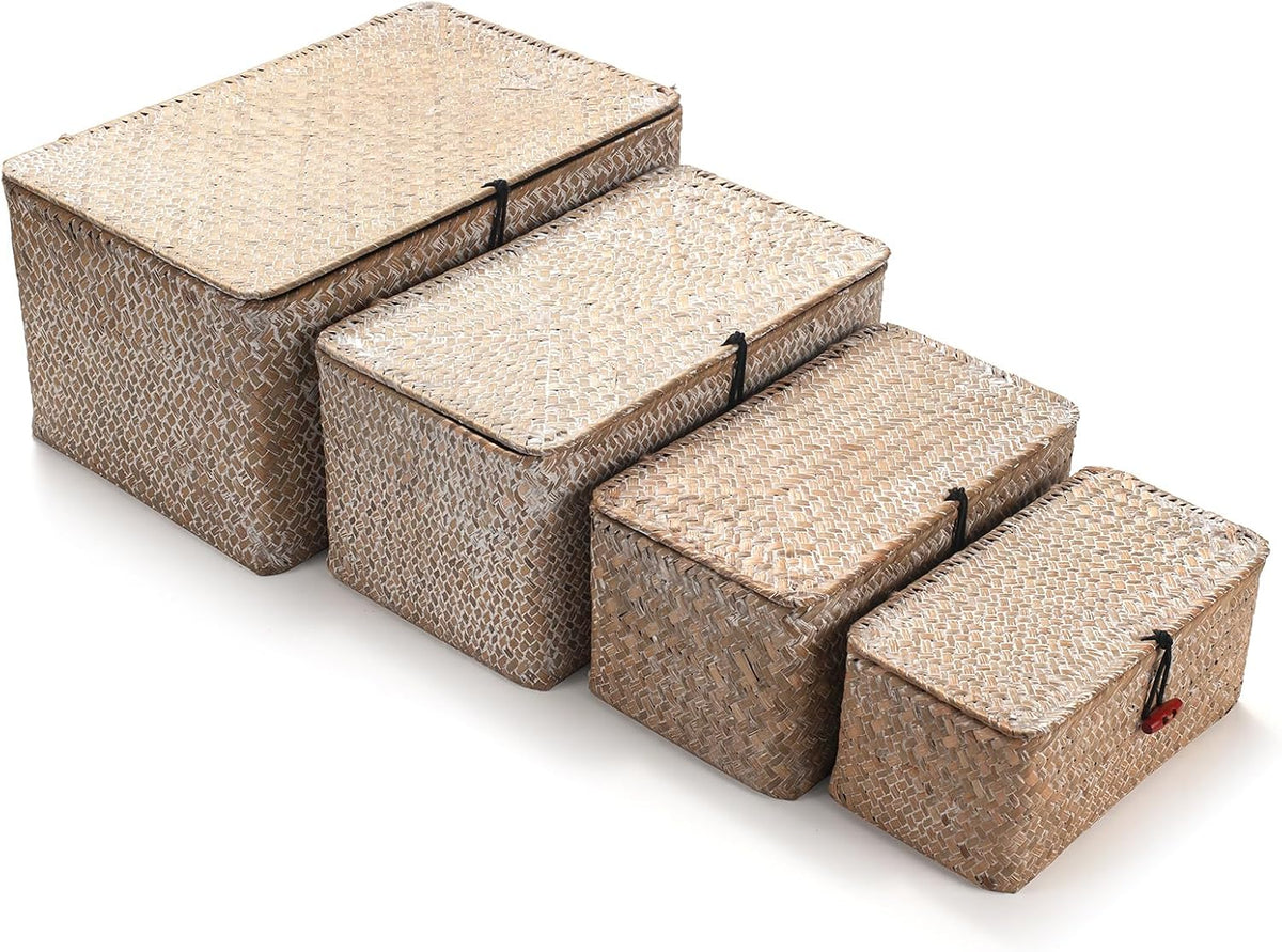 4 Pack, Wicker Baskets with Lids, Natural Seagrass Storage Baskets, Woven Rec...