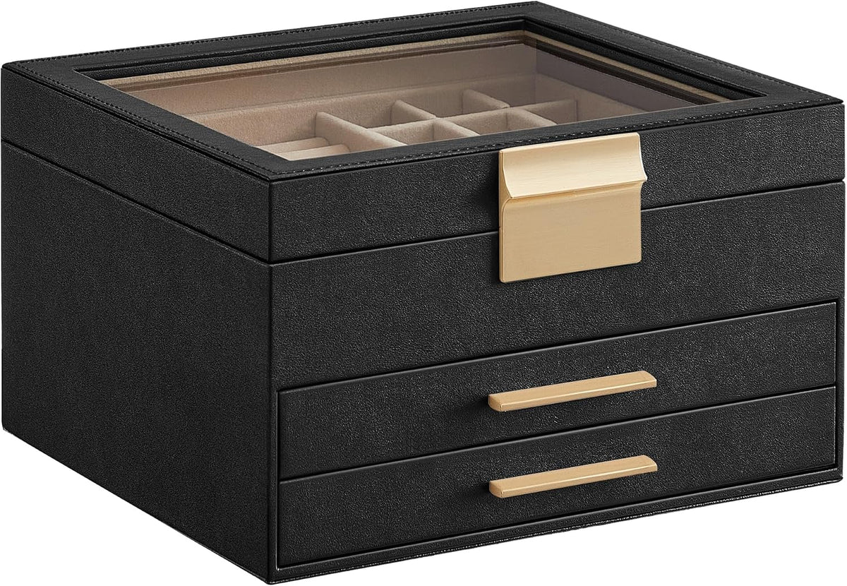 SONGMICS Jewelry Box Organizer, 3-Layer Storage with 2 Drawers, Glass Lid