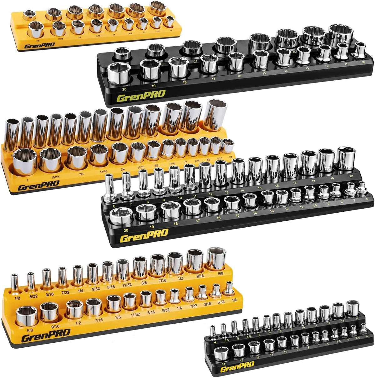 GRENPRO Magnetic Socket Organizer Set, 6PCS 1/4 3/8 1/2 SAE & Metric