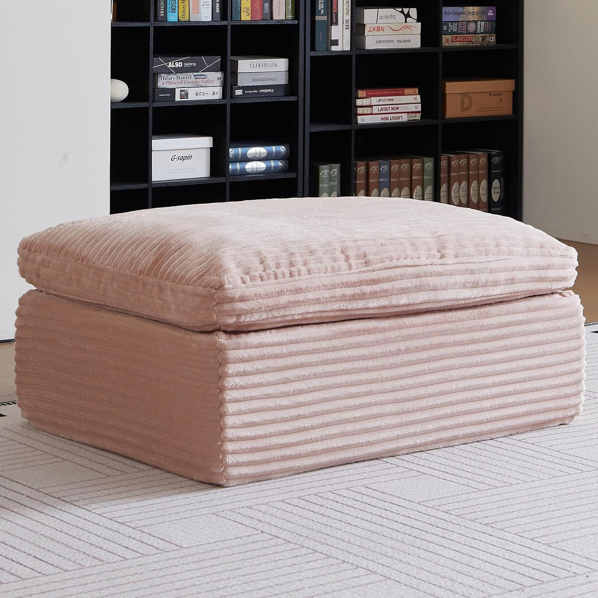 38.7" Large Square Ottoman, Cloud Pouf, Boneless, Dense Foam, Corduroy Pink