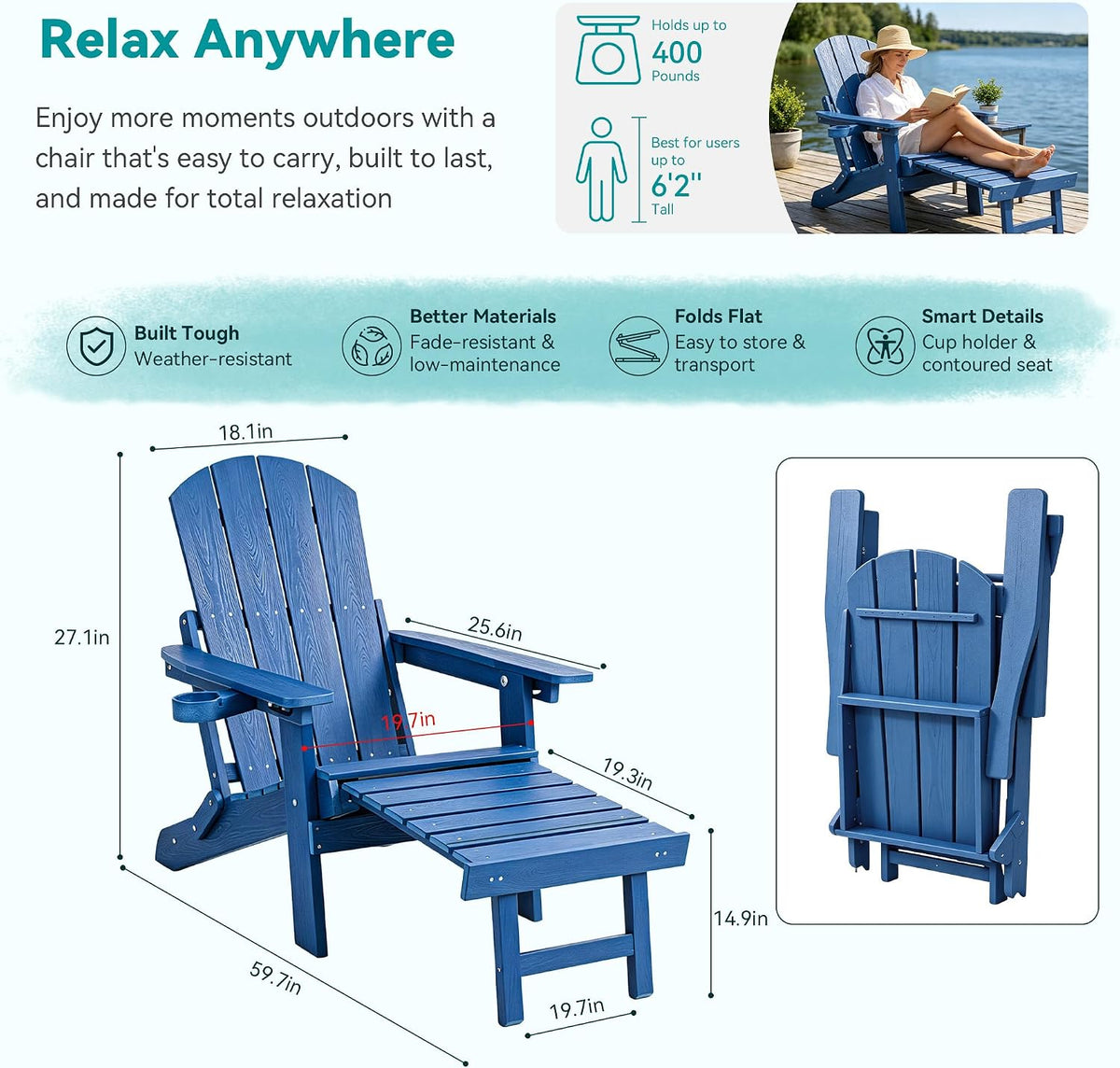 Folding Adjustable Adirondack Chair with Footrest, All-Weather HDPE Plastic C...