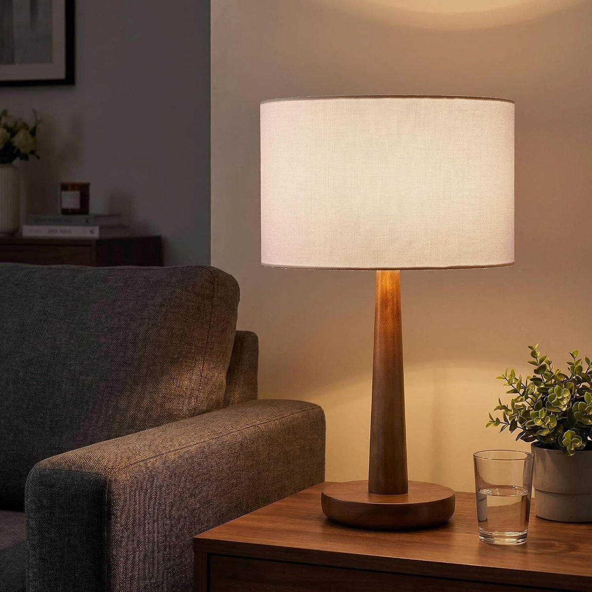 18.5" Modern Dimmable Walnut Wood Table Lamp with Linen Shade, White