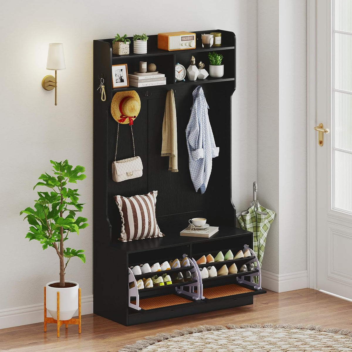 GIANTEX 4-In-1 Hall Tree with Bench and Shoe Storage, Entryway Bench with Coa...