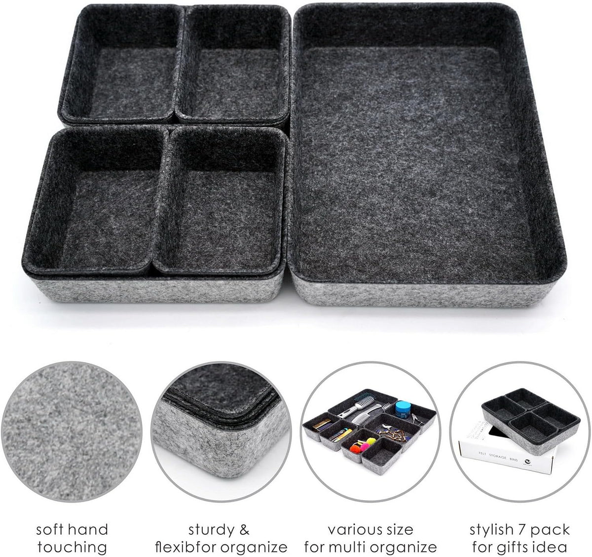 Welaxy 7pc Shallow Felt Desk Drawer Organizers Trays Charcoal Storage Bins