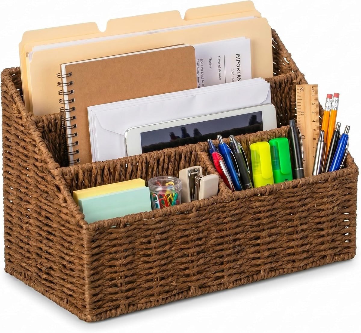 WICKERWISE Handwoven Paper Rope Desktop Organizer for Mail & Files, Brown