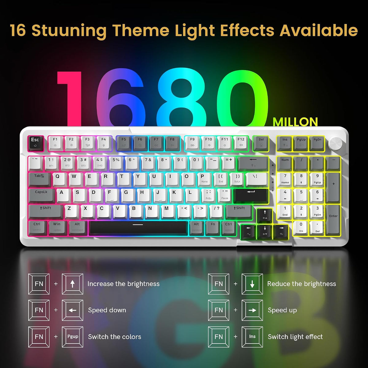 Redragon K742 Wireless Mechanical Gaming Keyboard with Knob, Bluetooth 5.0/2....
