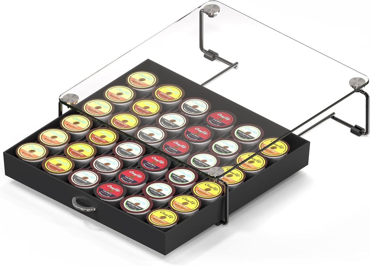 Deco Brothers Tempered Glass K-Cup Holder Drawer for 36 Coffee Pods, Black