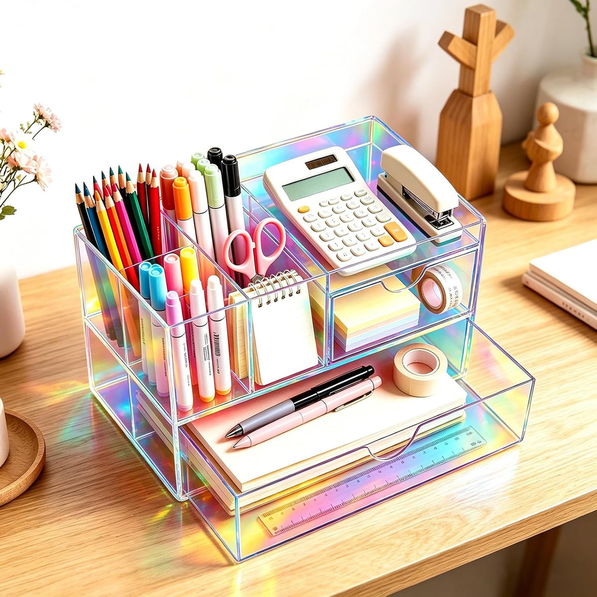 Desk Organizer with Drawers Acrylic Desktop Organizer Pen Holder Caddy for Of...