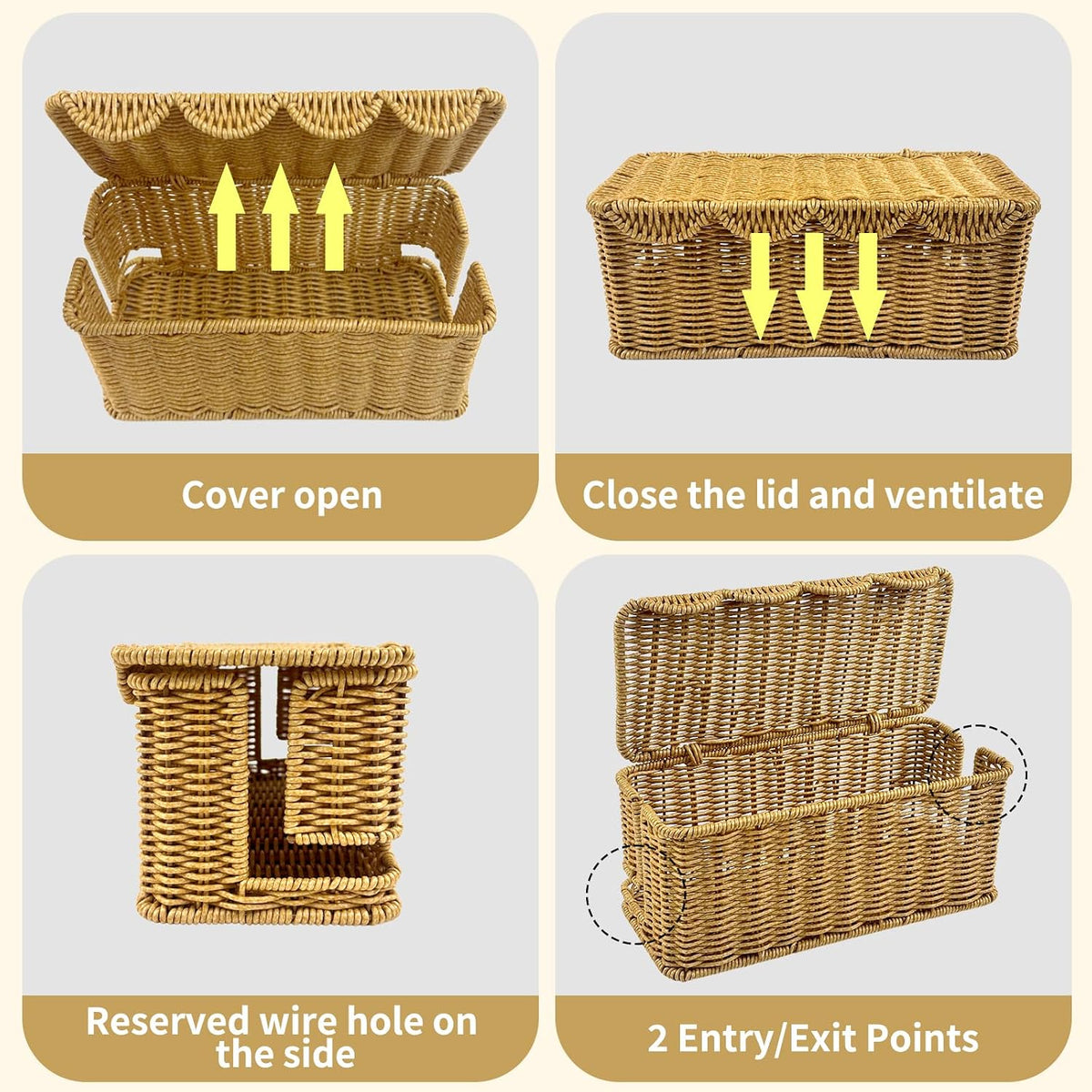 2 Pack Scalloped Edge Cable Management Box Handmade, Plastic Rattan Cable Org...