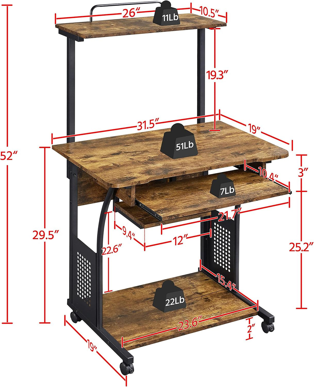 Topeakmart 2-Tier Rolling Desk with Printer Shelf & Keyboard Tray, Rustic...