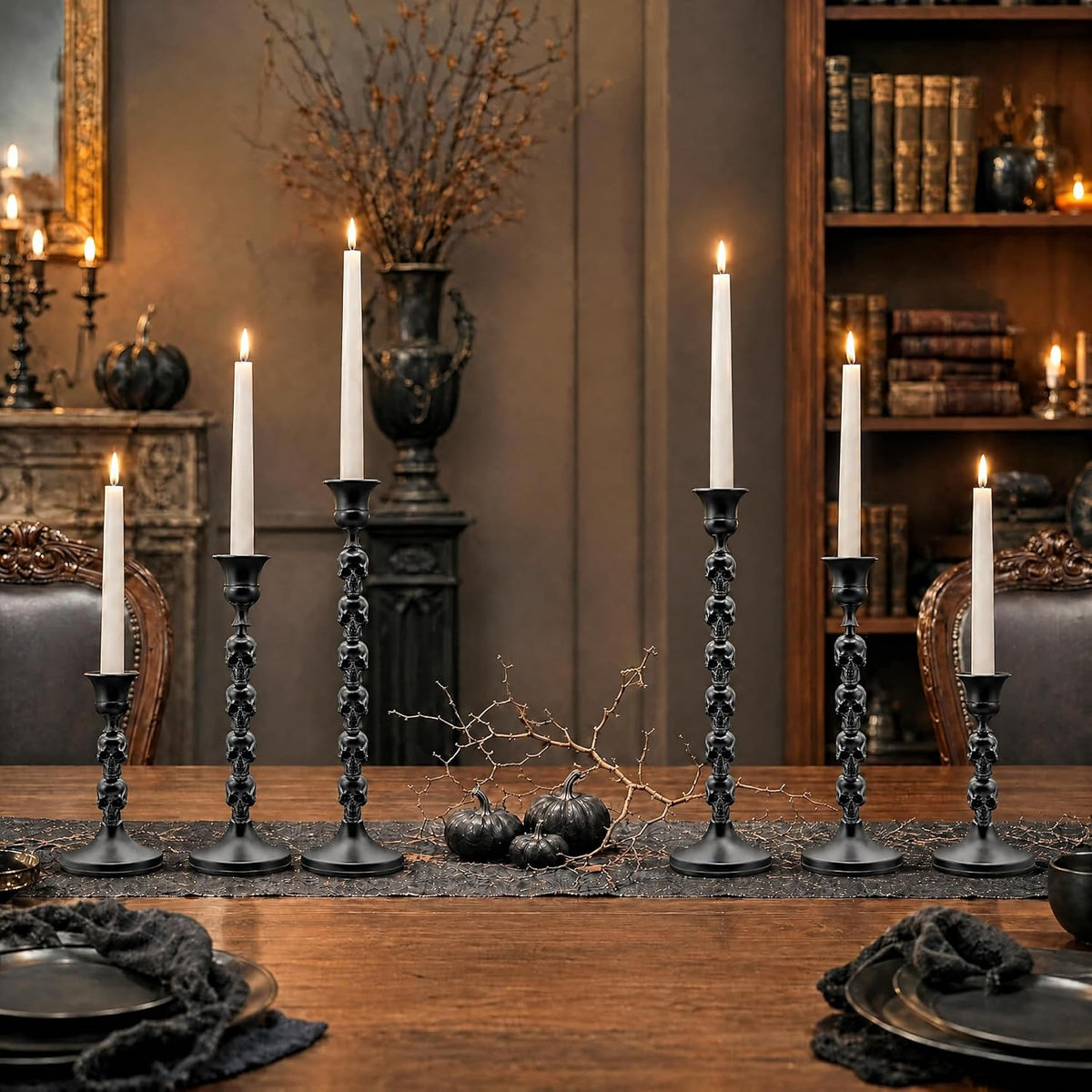 Skull Candle Holder, Gothic Taper Candlestick for Halloween, 6 Pack