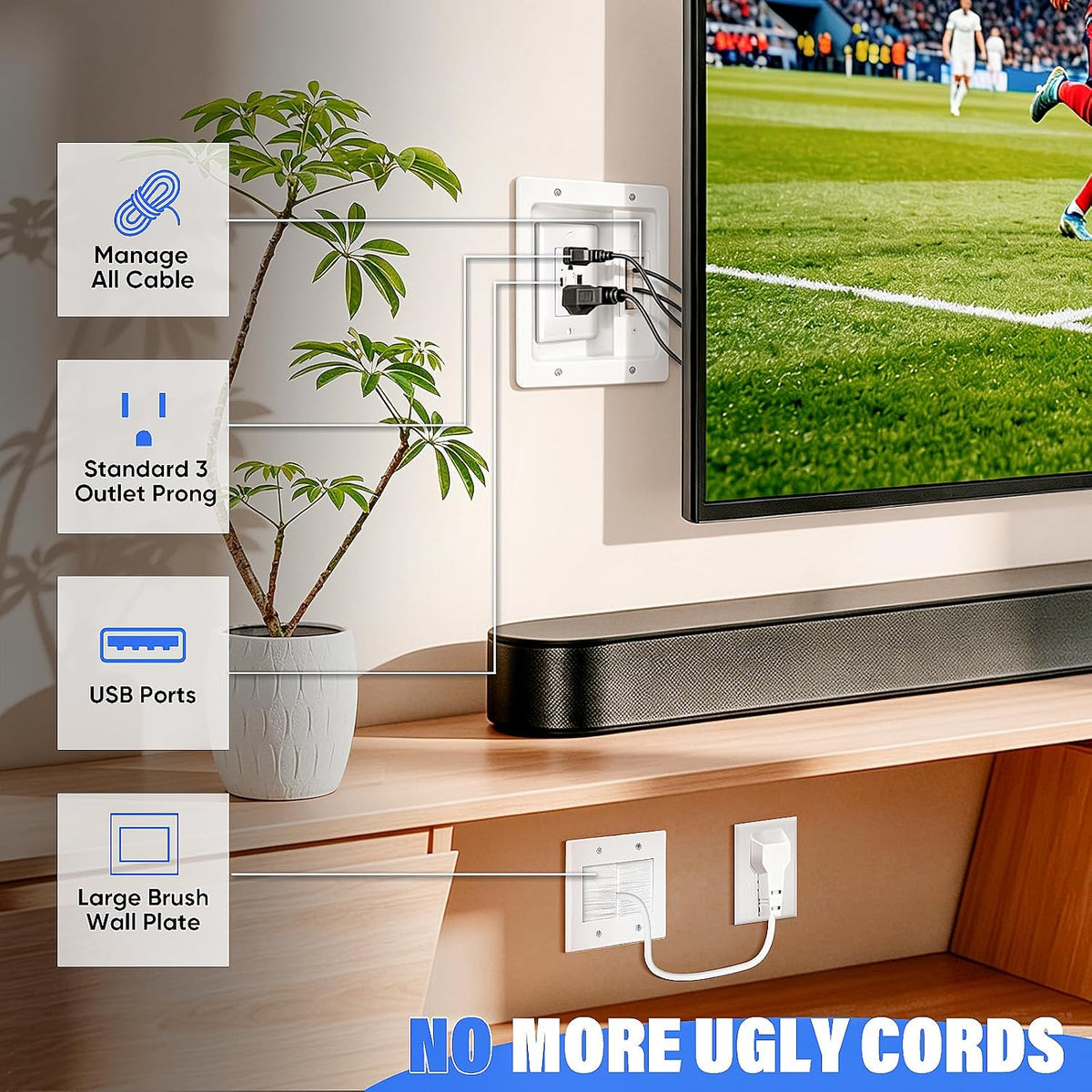 in-Wall Cable Management Kit, AC + USB-A + USB-C Outlet, 9 ft Cord