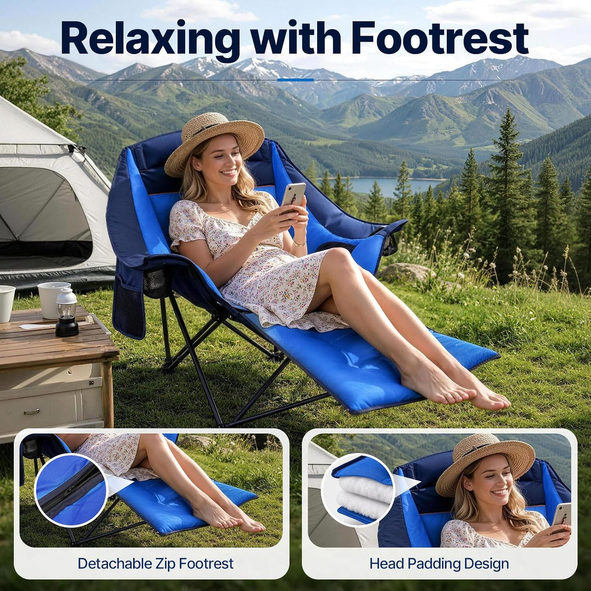 Suteck Camping Chair with Foot Rest, Oversized Padded Folding Chairs, Blue