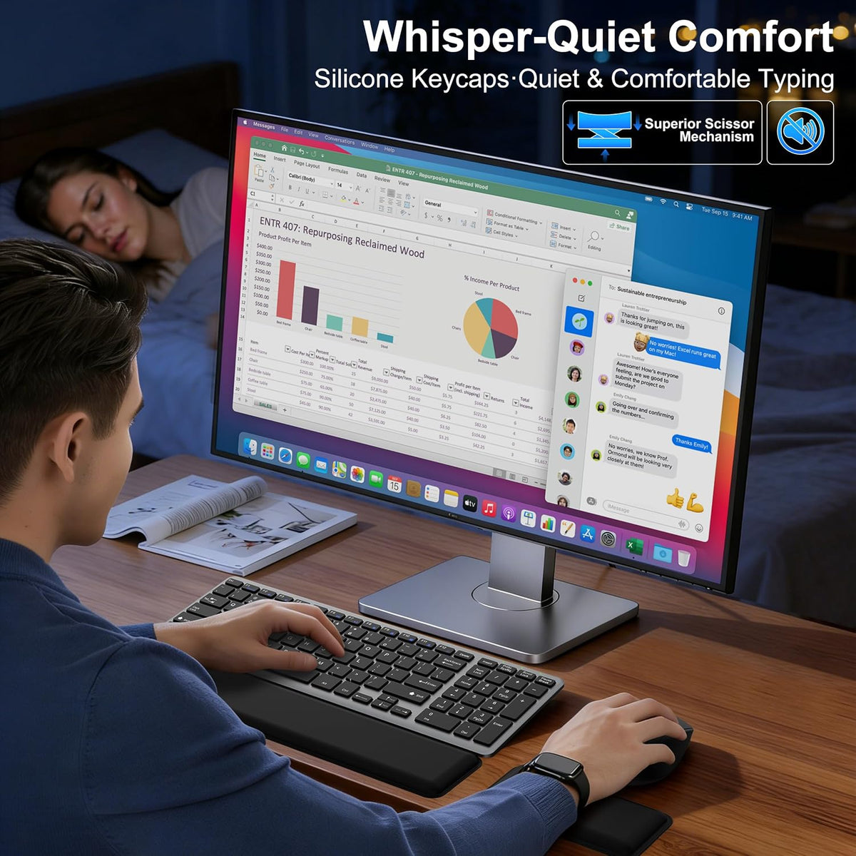 Ultra Slim Quiet Silent Wireless Keyboard and Mouse Combo with Magnetic Wrist...