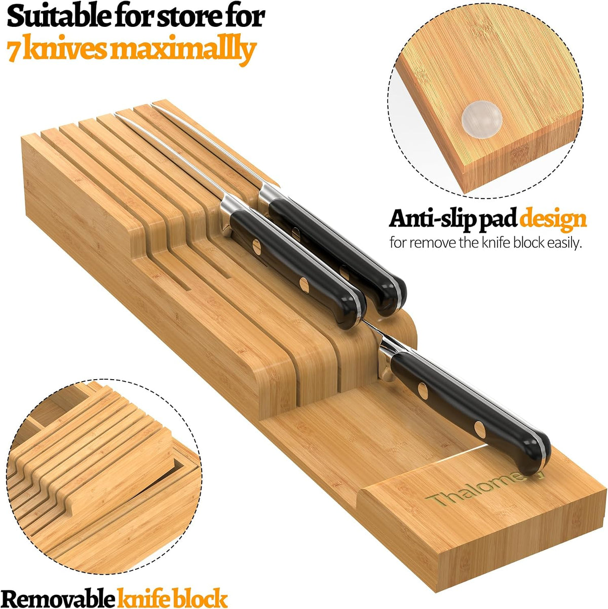 Bamboo Silverware Drawer Organizer, 6-8 Slots Kitchen Drawer Tray