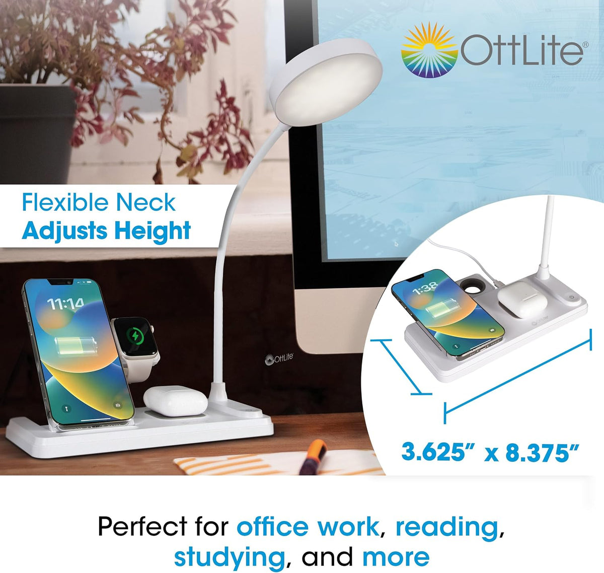 OttLite LED Table Lamp with Wireless Charging, White