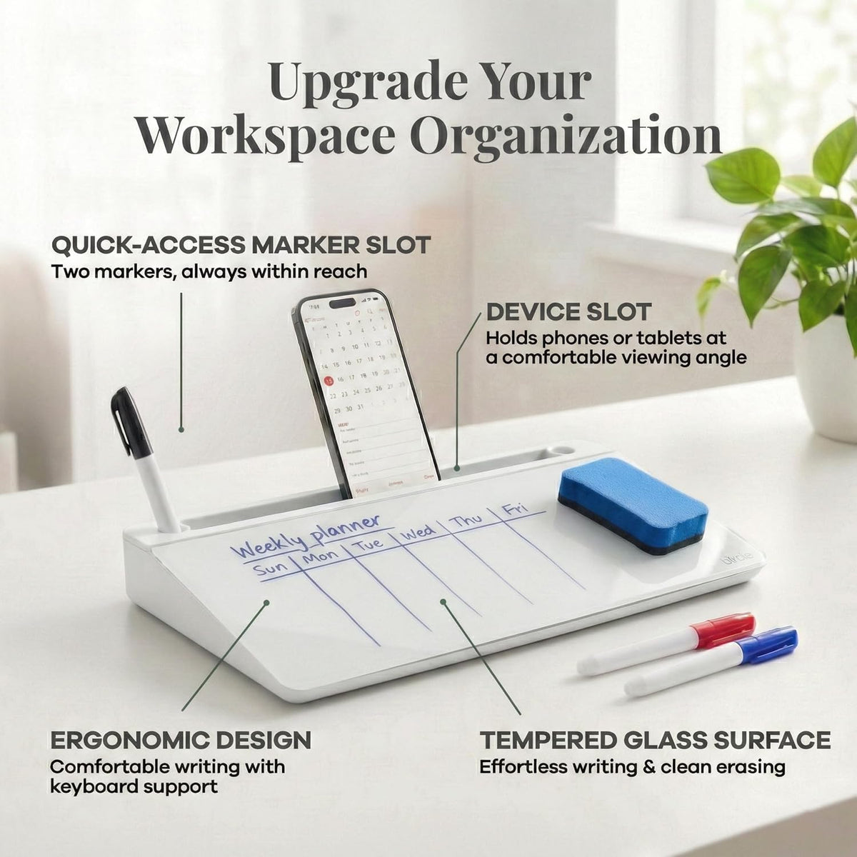 Birch Desktop Glass Whiteboard with Magnetic Weekly Calendar – Dry Erase Boar...