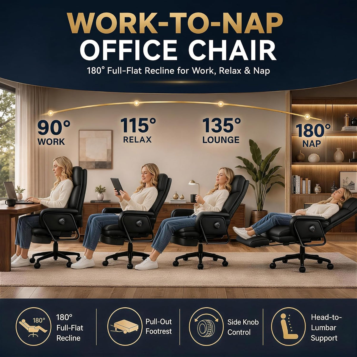 180° Reclining Office Chair with Footrest, PU Leather, Black