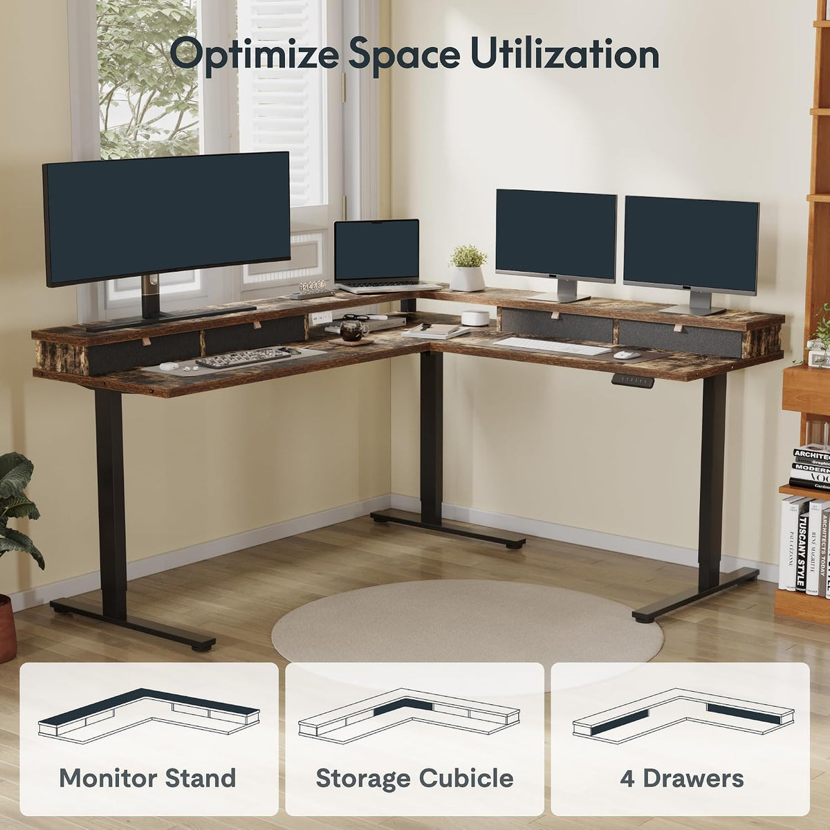 SANODESK 71x63 Electric L-Shaped Corner Standing Desk with 4 Drawers