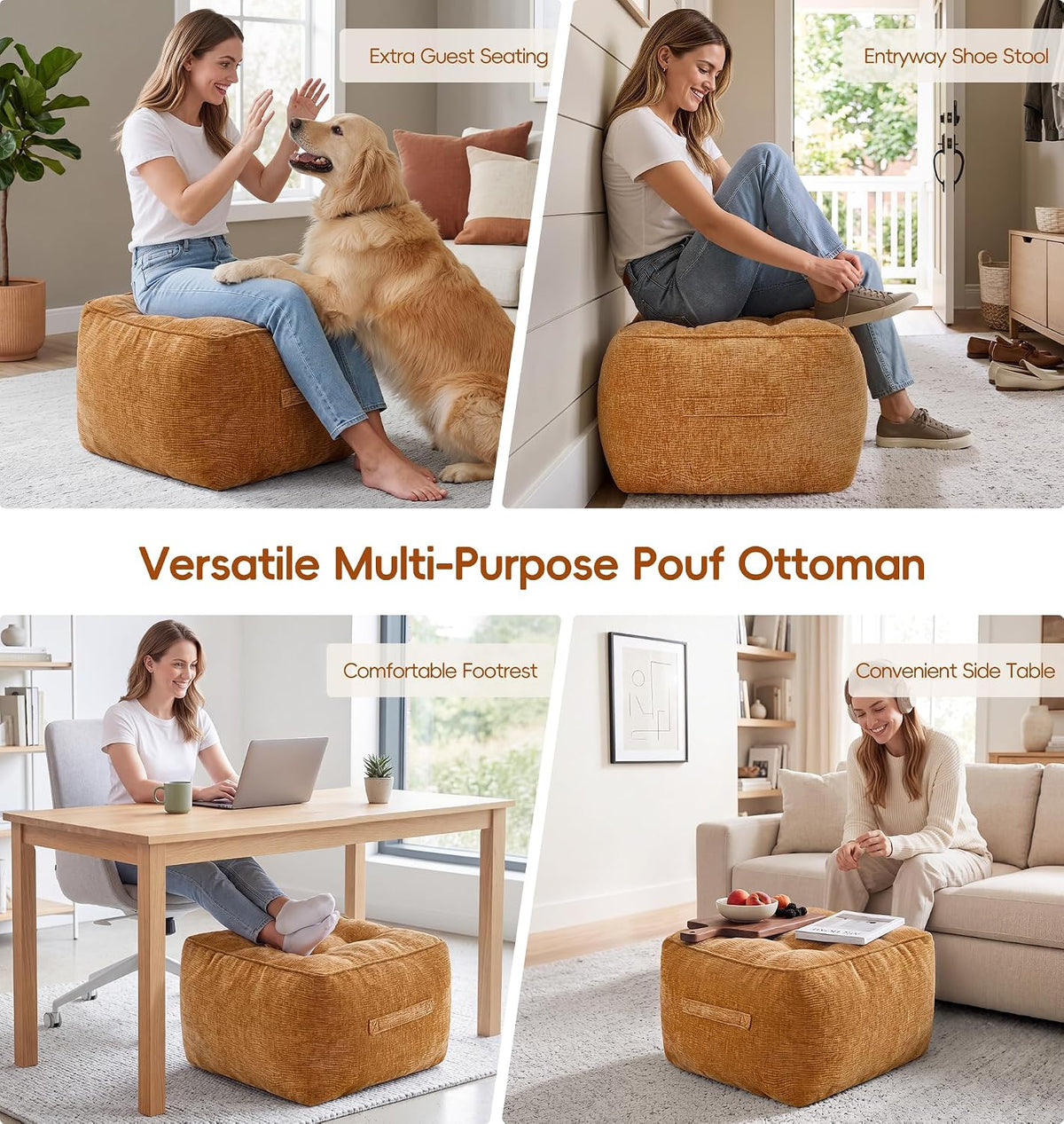 Hobestluk Pouf Ottoman Foot Rest Chenille Square Small Ottoman, Brown
