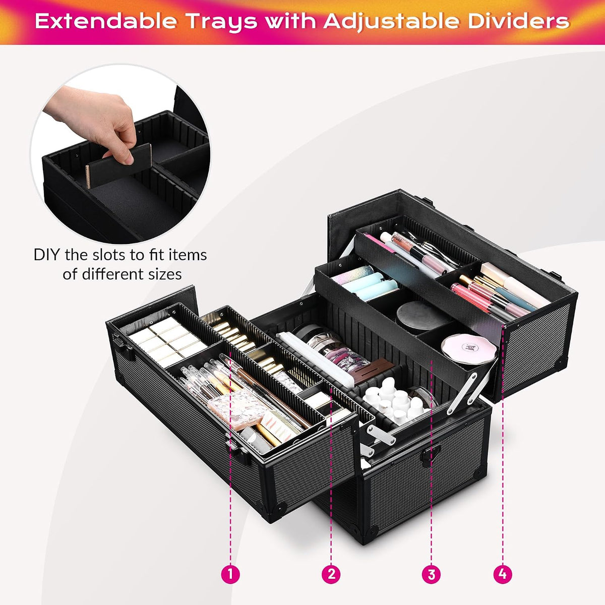 BYOOTIQUE 14'' Makeup Train Case w/Strap 4 Adjustable Trays Storage Box