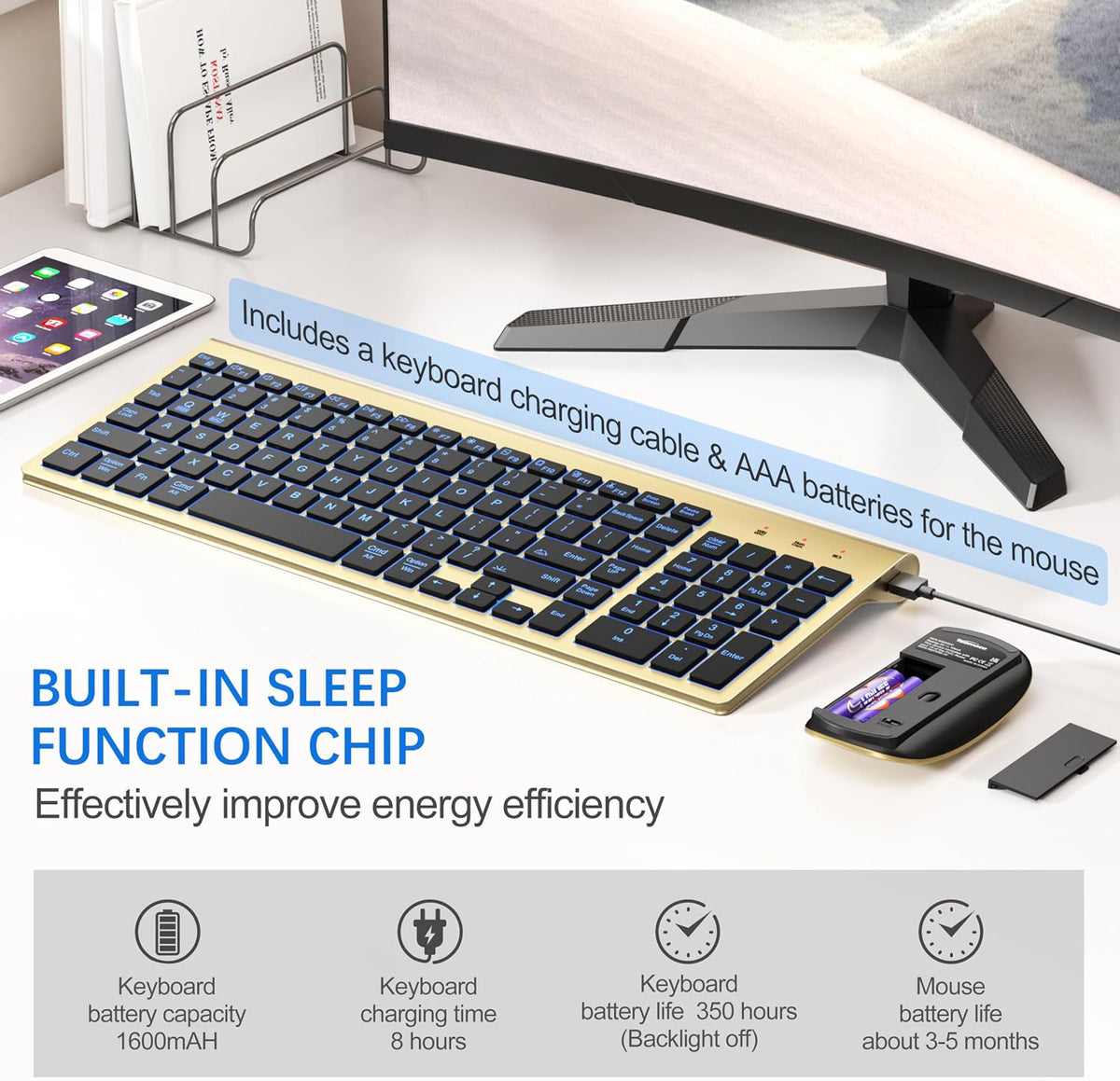 Wireless Backlit Keyboard and Mouse Ultra Slim Combo, TopMate - Gold Black