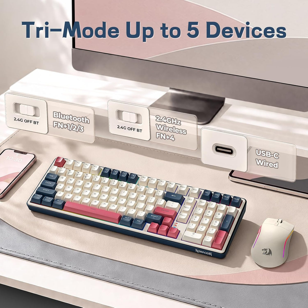 Redragon S174 Gaming Keyboard and Mouse Wireless with Tri-Mode, RGB Keyboard ...