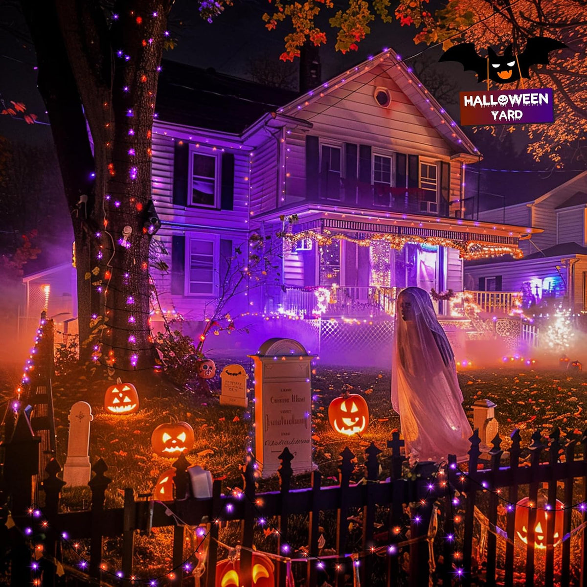 JMEXSUSS 800 LED Orange and Purple Halloween Lights Outdoor with 8 Modes