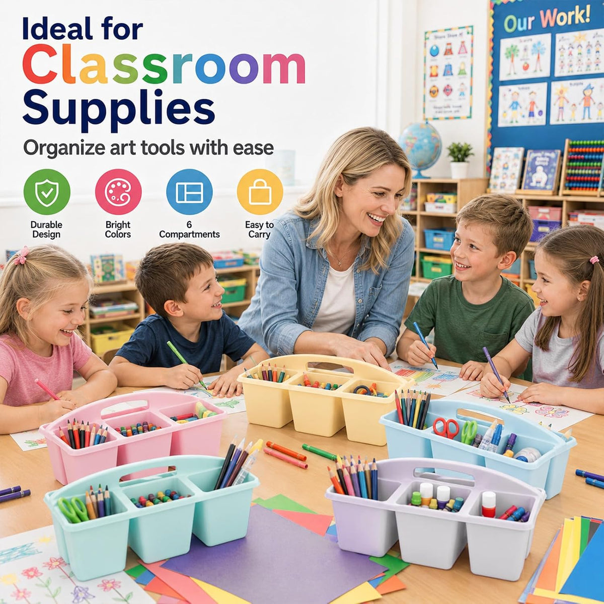 6 Pack Classroom Caddy with Handle, 6 Compartment (Pink Purple)