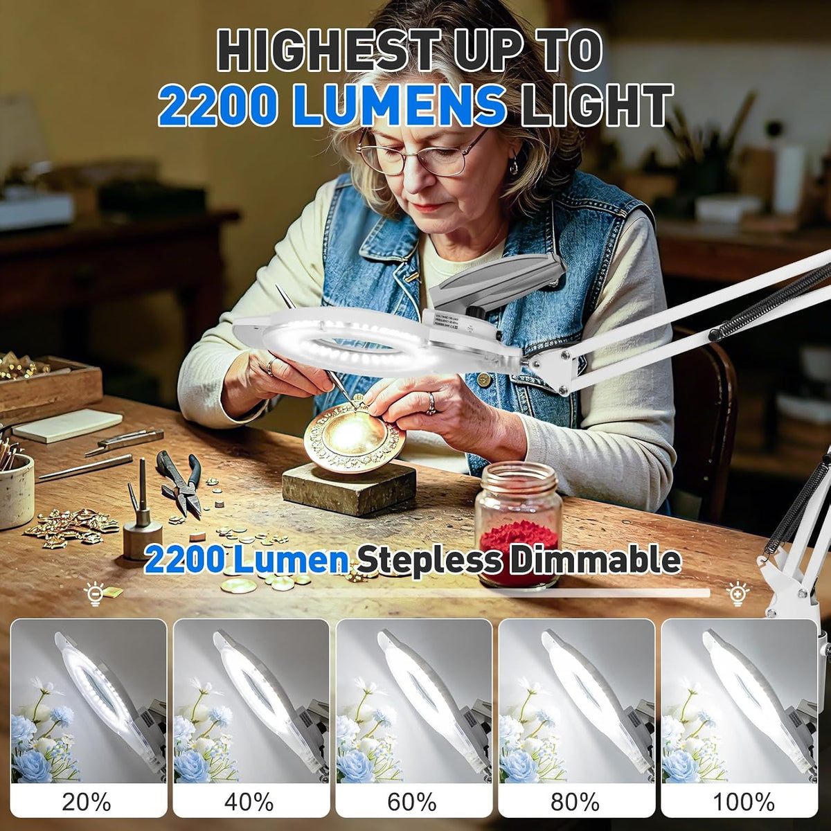 KIRKAS LED Magnifying Lamp with Clamp, 2,200 Lumens Dimmable 28in 12X